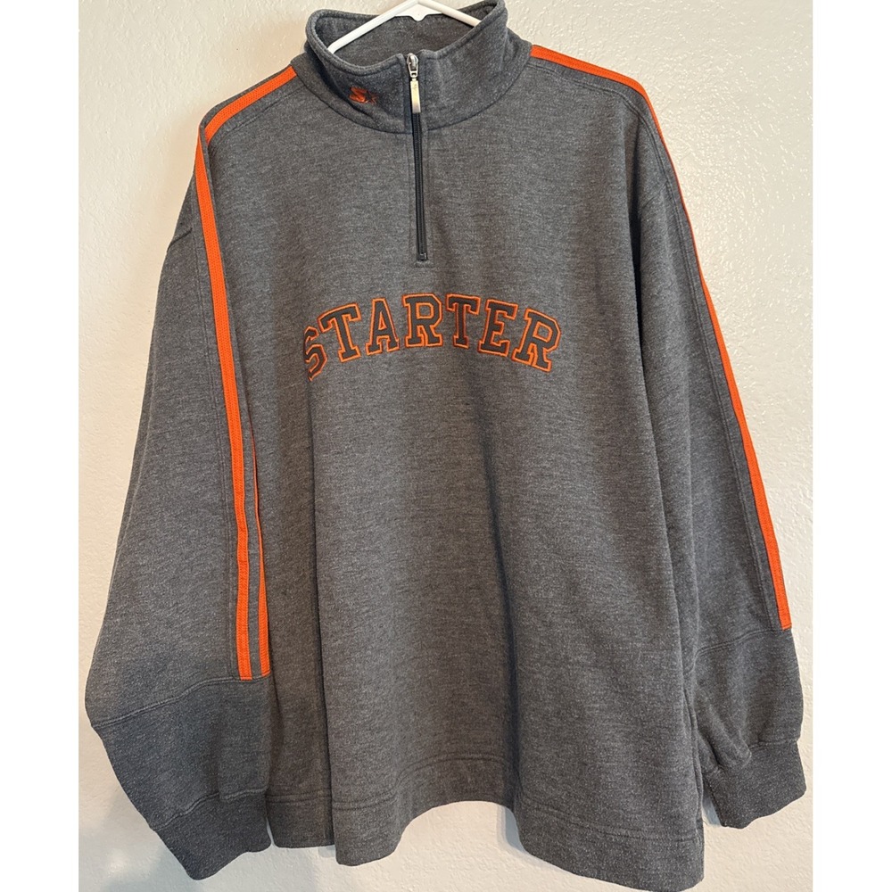 Vintage-Vibe Starter Quarter Zip Pullover Sweatshirt Retro Orange Grey Size L